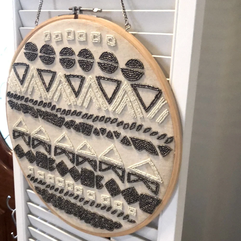 Beautiful Vintage Beaded Indian Design Wall Hanging on embroidery hoop w/chain.